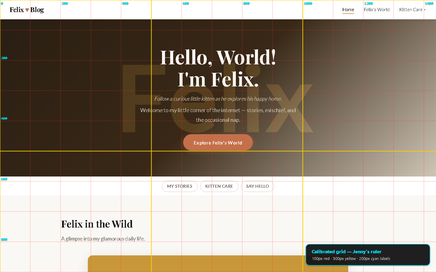 A calibrated numbered grid laid over the Felix blog — red 100px lines, bold yellow 500px lines, cyan coordinate labels along the top and left edges.